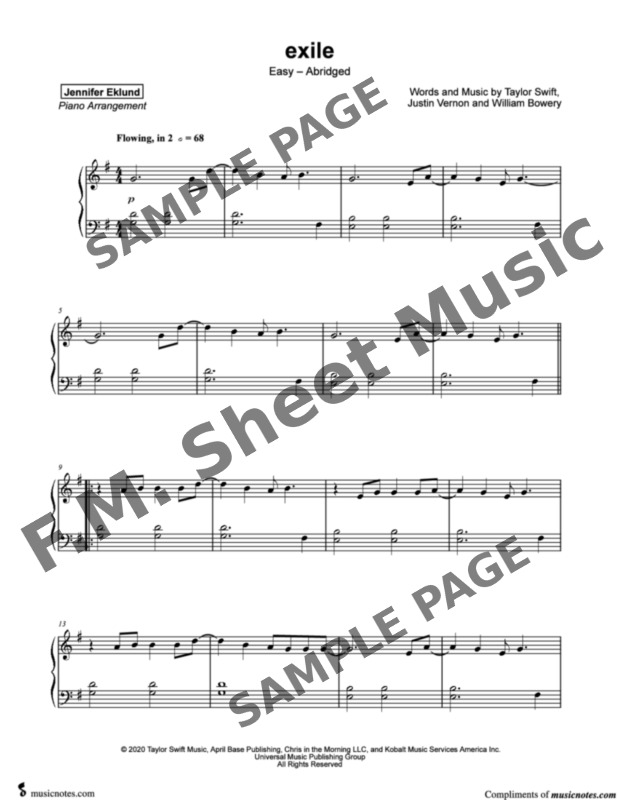 Exile (Easy Piano) By Taylor Swift F.M. Sheet Music Pop